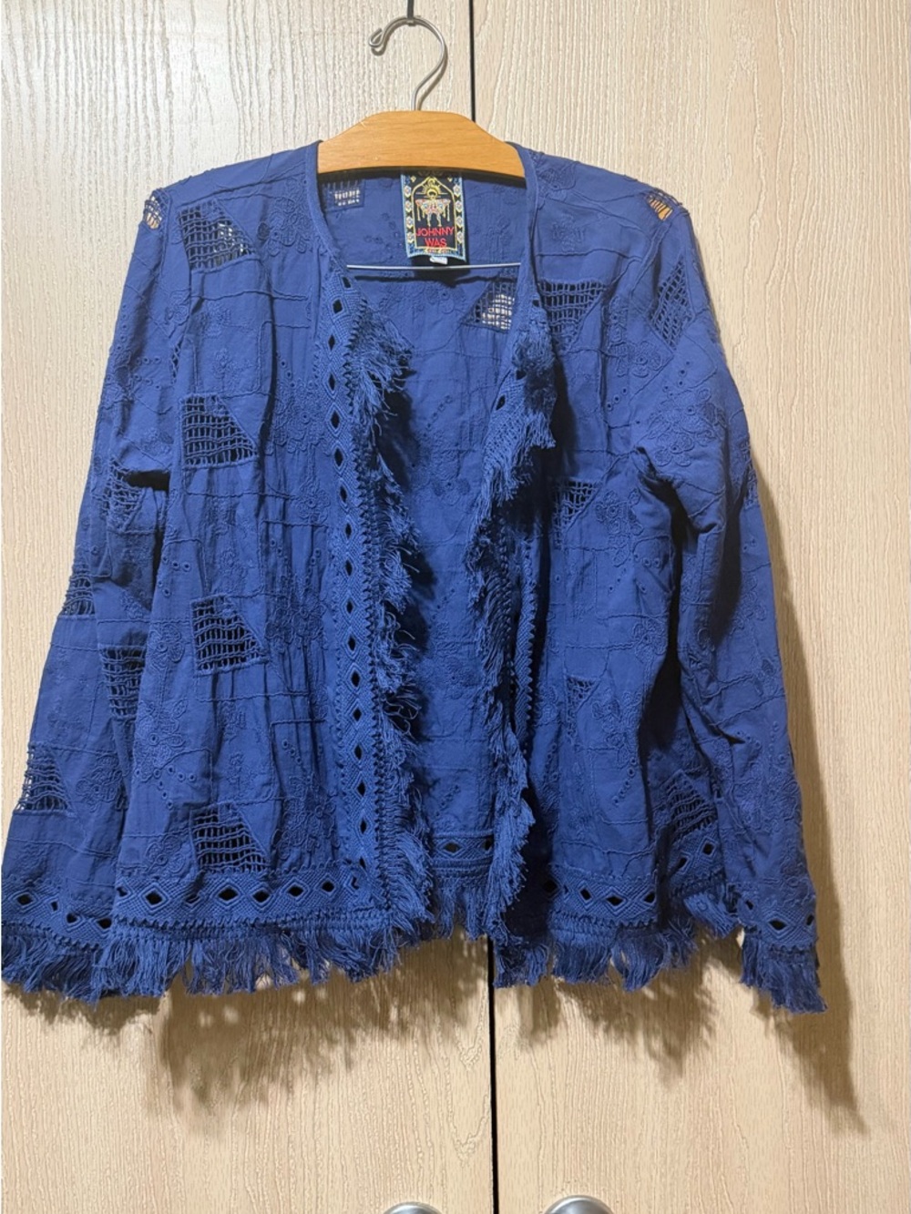 Johnny Was Blue Embroidered Jacket Boho Fringe Open Front Eyelet Size M - Picture 3 of 10
